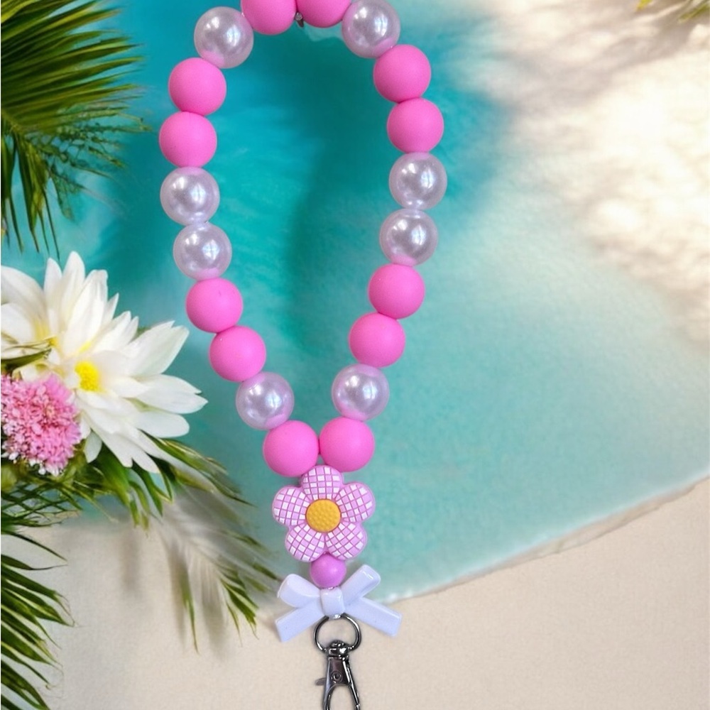 Pink and White Oval Wristlet Beaded Keychain